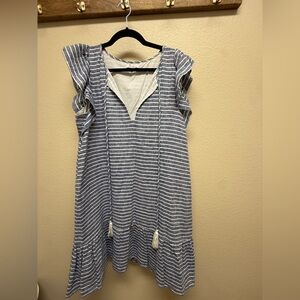 Parker Blue and White Striped Ruffle Sleeve Shift Dress